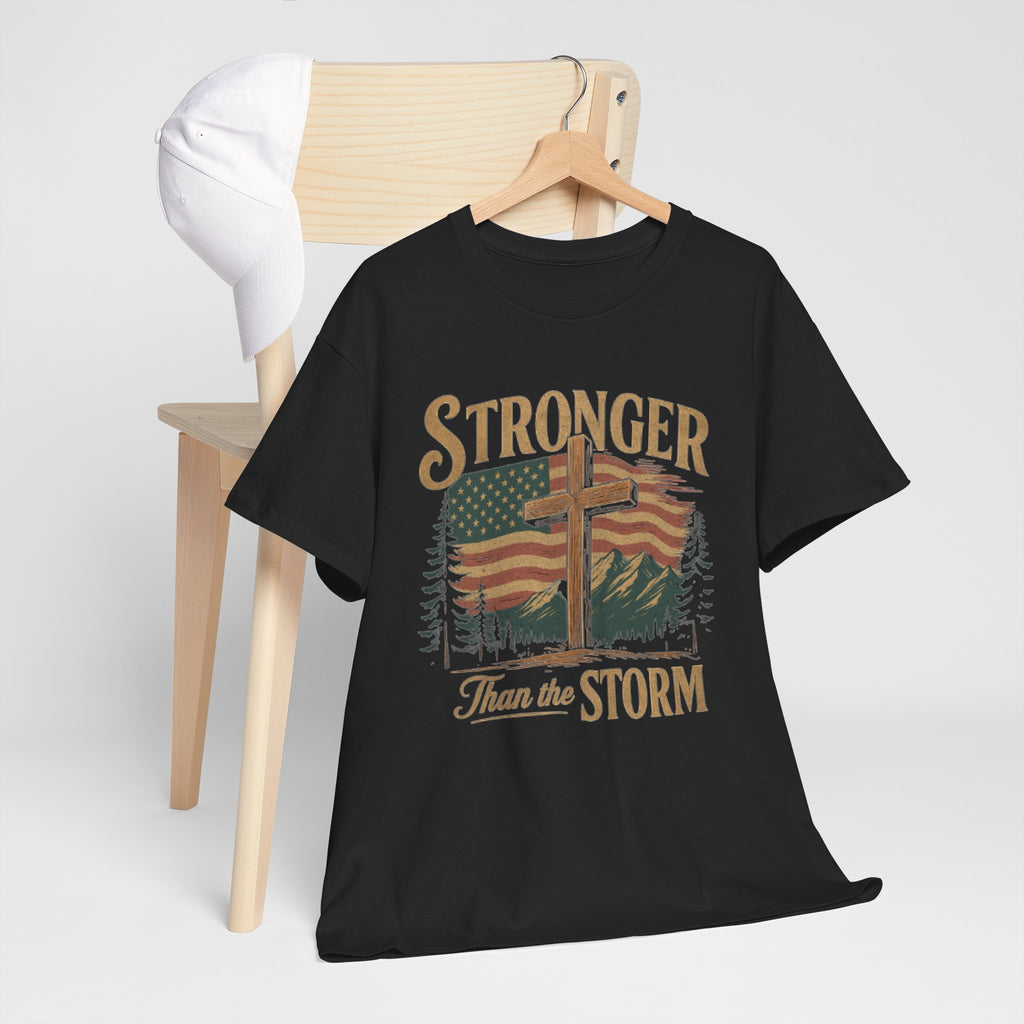 Christian Mens Shirt PNG Stronger than the Storm Patriotic Sublimation Designs for Men Christian PNG Designs Trendy Png American Flag Tshirt