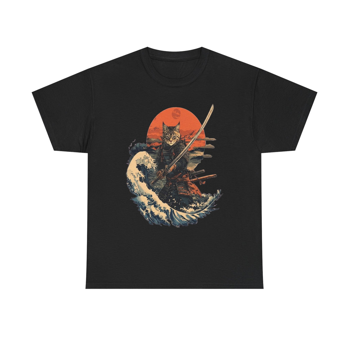 Samurai Cat T-Shirt, Warrior Cat Sweatshirt, Rising Sun Style Tee, Unique Japanese-Inspired T-Shirts, Retro Cat Shirt