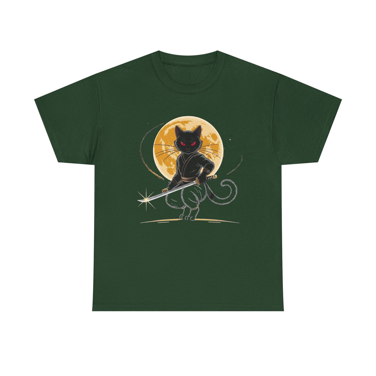 Ninja Cat Shirt, Samurai Warrior Cat Tee, Full Moon Katana Black Cat Graphic Tee, Mystical Japanese Aesthetic Anime Style Cat Lover Gift