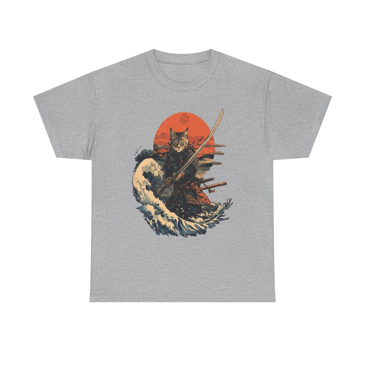 Samurai Cat T-Shirt, Warrior Cat Sweatshirt, Rising Sun Style Tee, Unique Japanese-Inspired T-Shirts, Retro Cat Shirt
