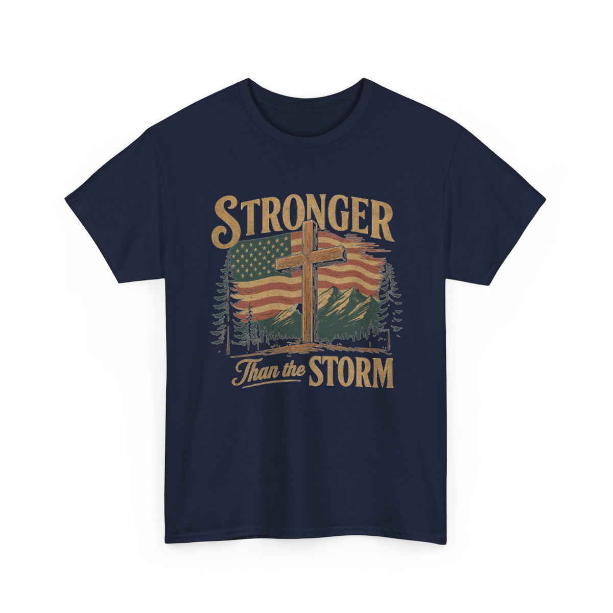 Christian Mens Shirt PNG Stronger than the Storm Patriotic Sublimation Designs for Men Christian PNG Designs Trendy Png American Flag Tshirt