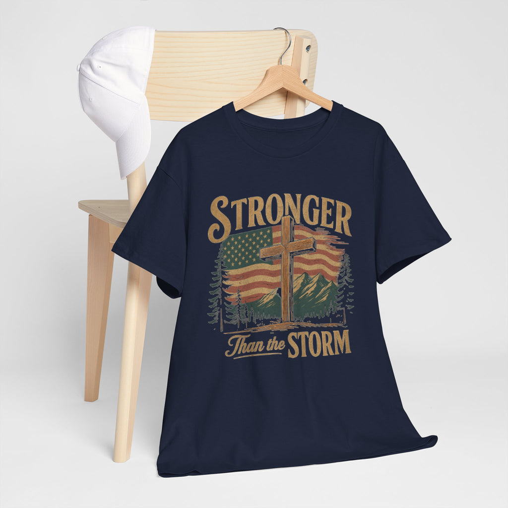 Christian Mens Shirt PNG Stronger than the Storm Patriotic Sublimation Designs for Men Christian PNG Designs Trendy Png American Flag Tshirt