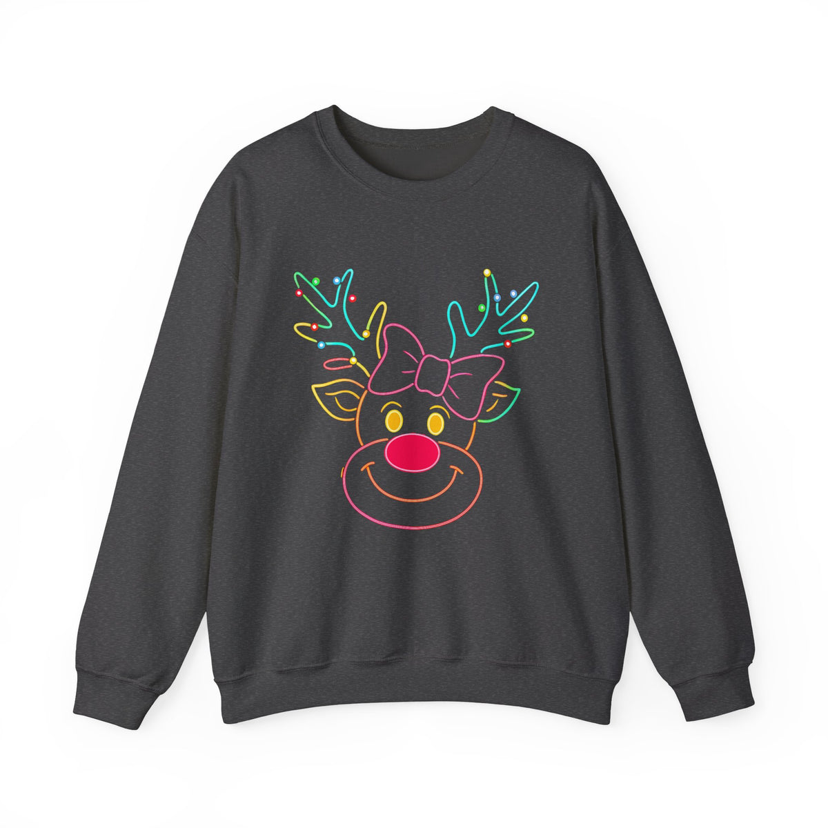 Neon Reindeer Christmas Sweatshirt, Holiday Sweater, Cute Rudolph Glow Shirt, Retro Christmas Lights Pullover