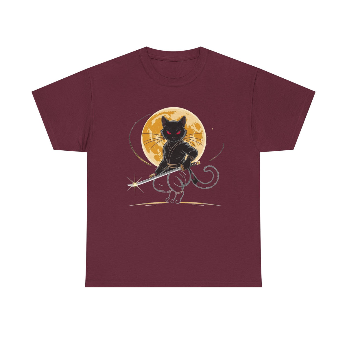 Ninja Cat Shirt, Samurai Warrior Cat Tee, Full Moon Katana Black Cat Graphic Tee, Mystical Japanese Aesthetic Anime Style Cat Lover Gift