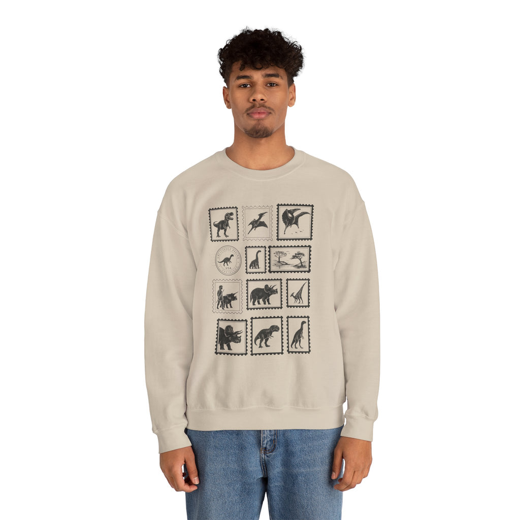 Dinosaur Vintage Stamps Sweatshirt, Vintage Scientific Jurassic Prehistoric Unisex Crewneck Jumper, Gift for Paleontologist, Retro Stamps