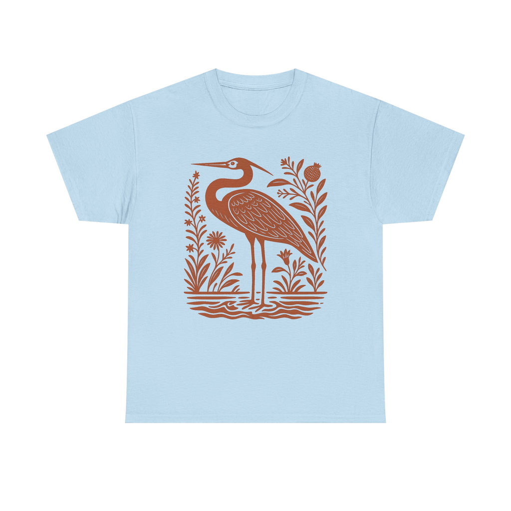 Heron Shirt Linocut Shirt Great Blue Heron Bird Lover Shirt Hippy Clothes Granola Girl Antique Folk Art Avian Aviary Gift Block Print Shirt