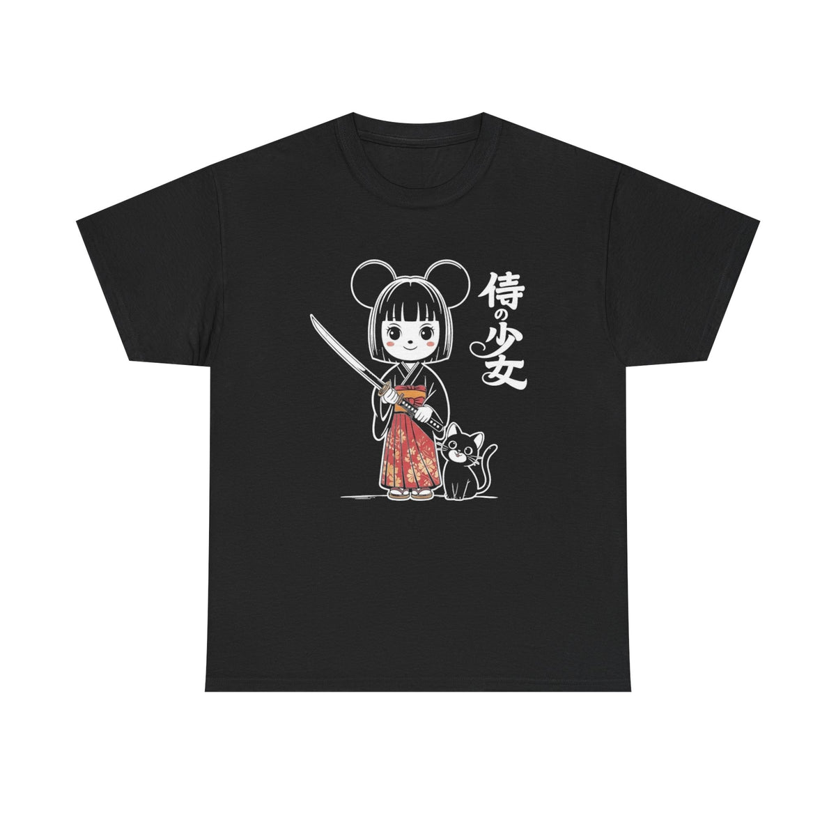 Japanese Style Shirt, Cute Anime Girl Kimono Outfit Tee with Katana Sword, Kawaii Black Cat Manga Art, Japan Culture Aesthetic Graphic Tee
