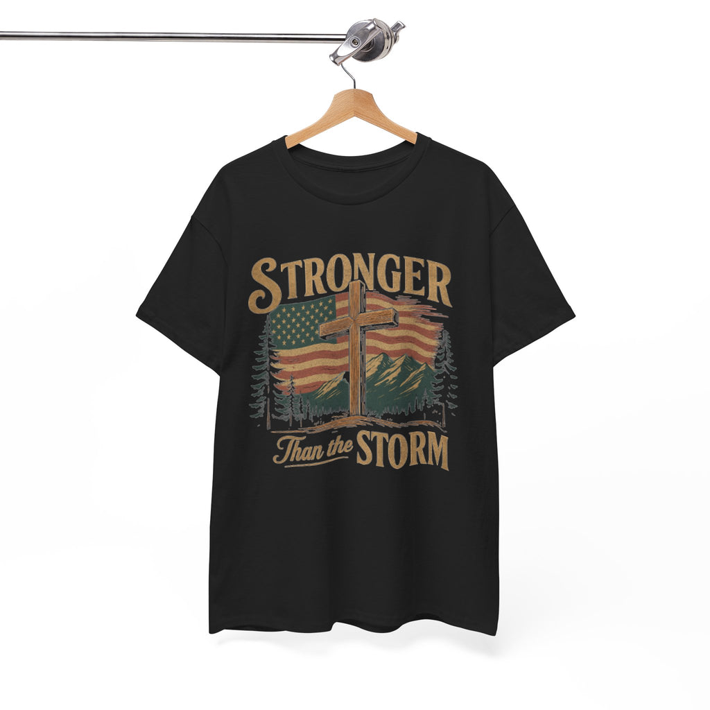 Christian Mens Shirt PNG Stronger than the Storm Patriotic Sublimation Designs for Men Christian PNG Designs Trendy Png American Flag Tshirt