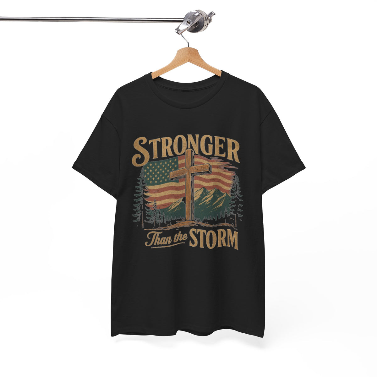 Christian Mens Shirt PNG Stronger than the Storm Patriotic Sublimation Designs for Men Christian PNG Designs Trendy Png American Flag Tshirt