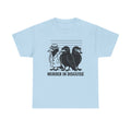 Murder in Disguise Shirt; Funny Crow Tee; Cartoon Raven Lineup Graphic T-Shirt; Bird Pun Humor Shirt