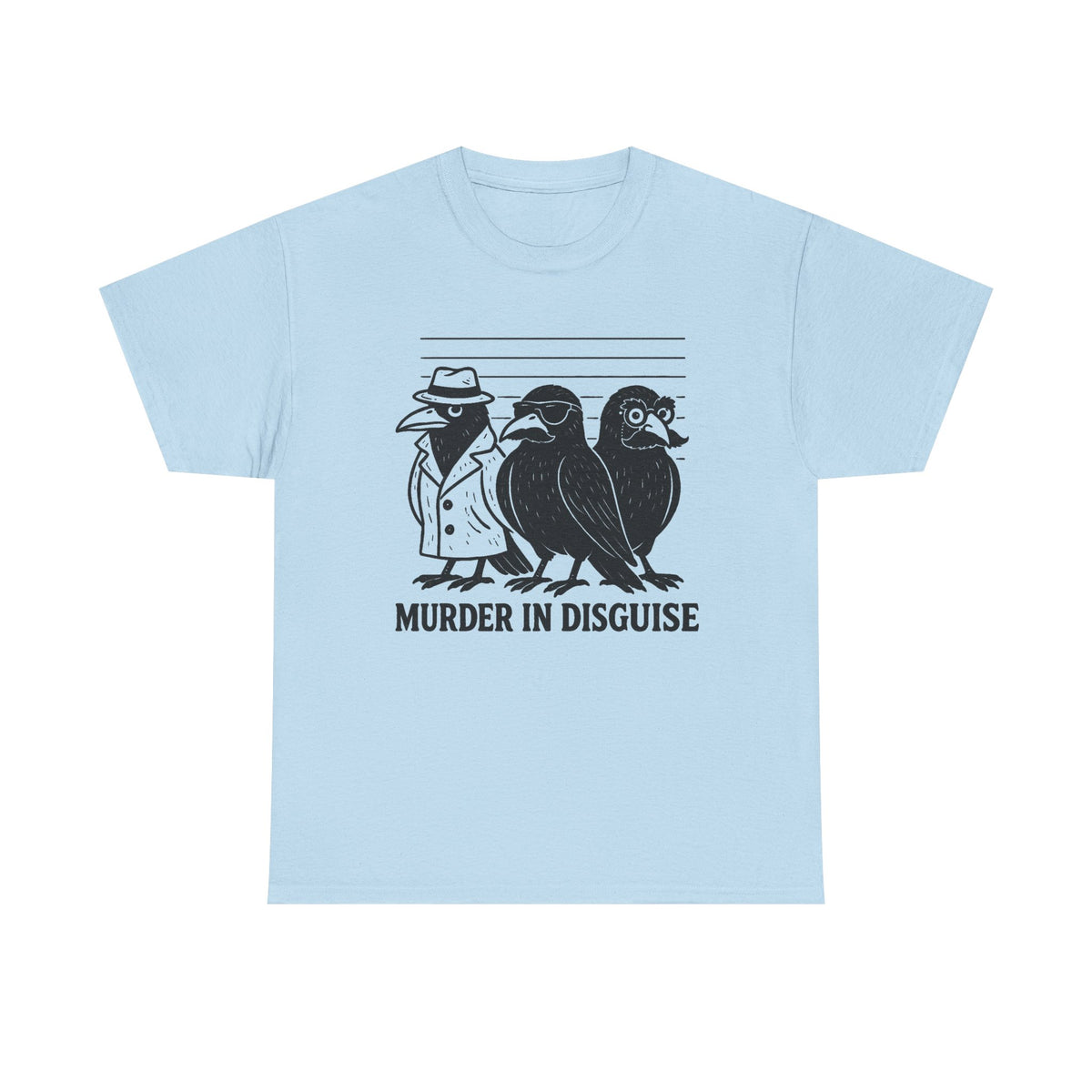 Murder in Disguise Shirt; Funny Crow Tee; Cartoon Raven Lineup Graphic T-Shirt; Bird Pun Humor Shirt
