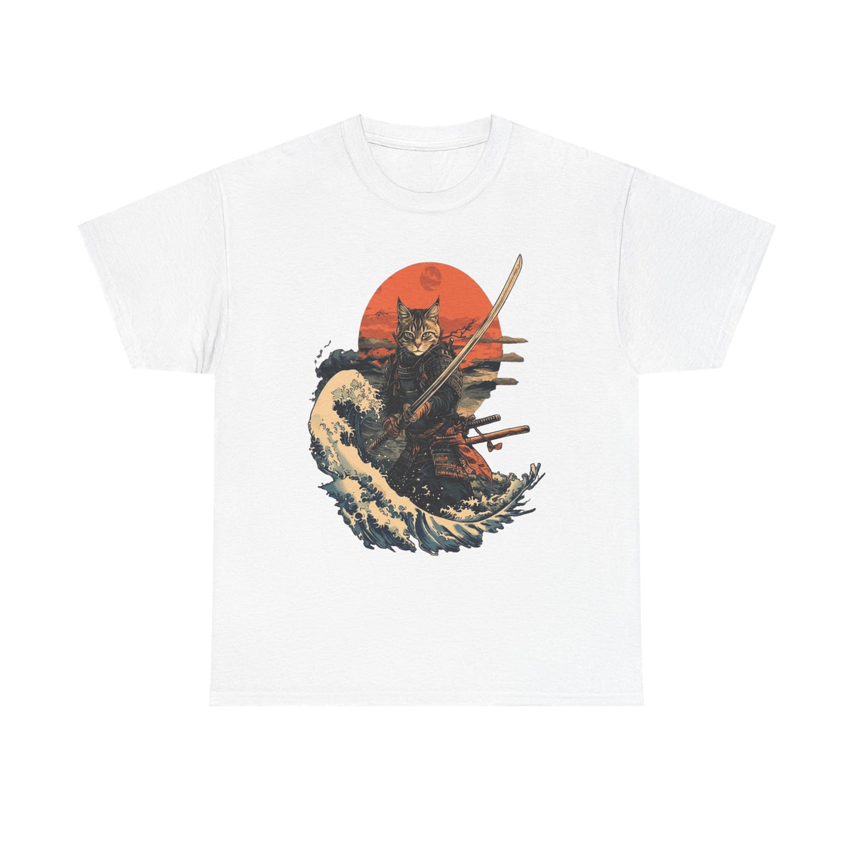 Samurai Cat T-Shirt, Warrior Cat Sweatshirt, Rising Sun Style Tee, Unique Japanese-Inspired T-Shirts, Retro Cat Shirt