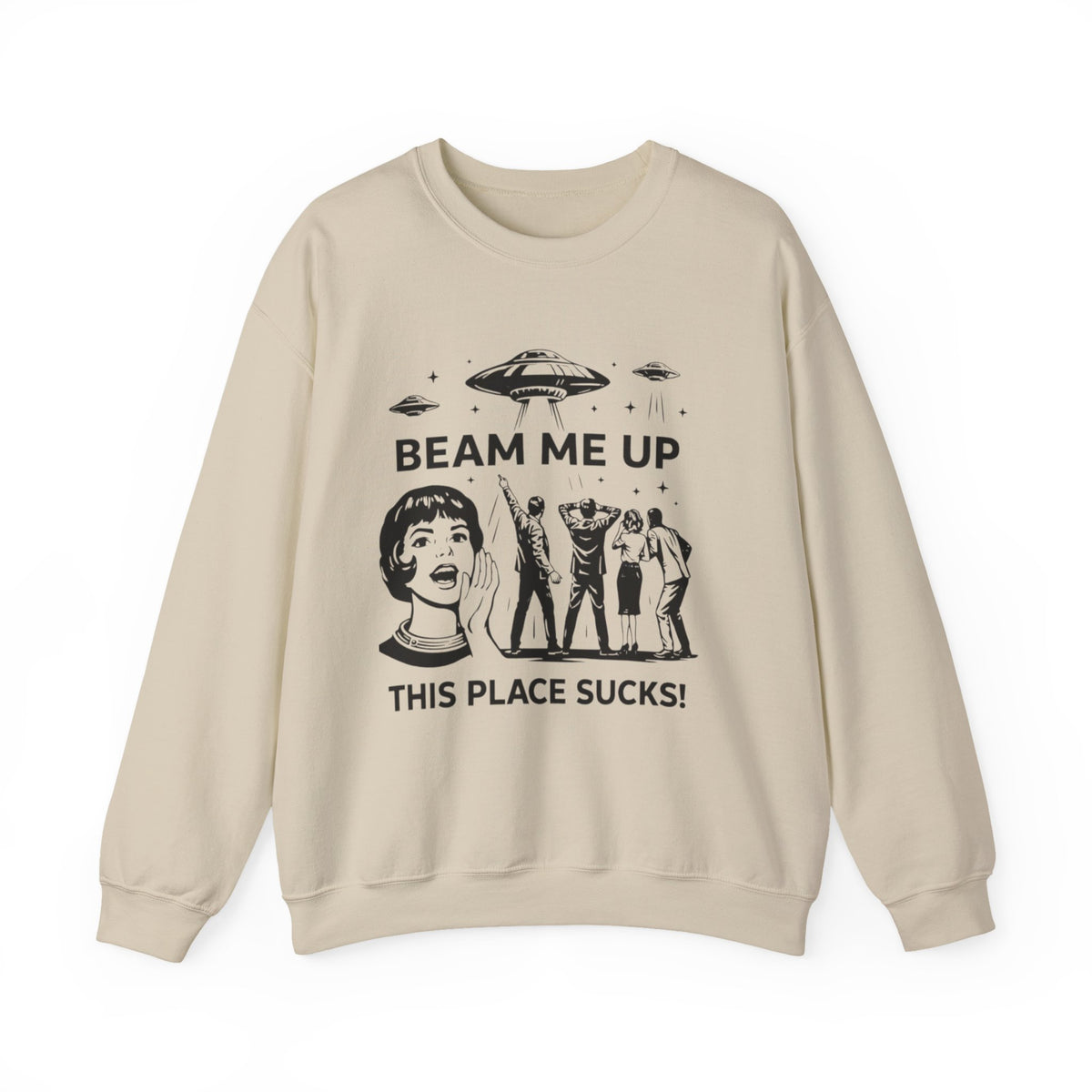 Beam Me Up This Place Sucks Retro Alien UFO Shirt Design | Funny Sci-Fi Quote