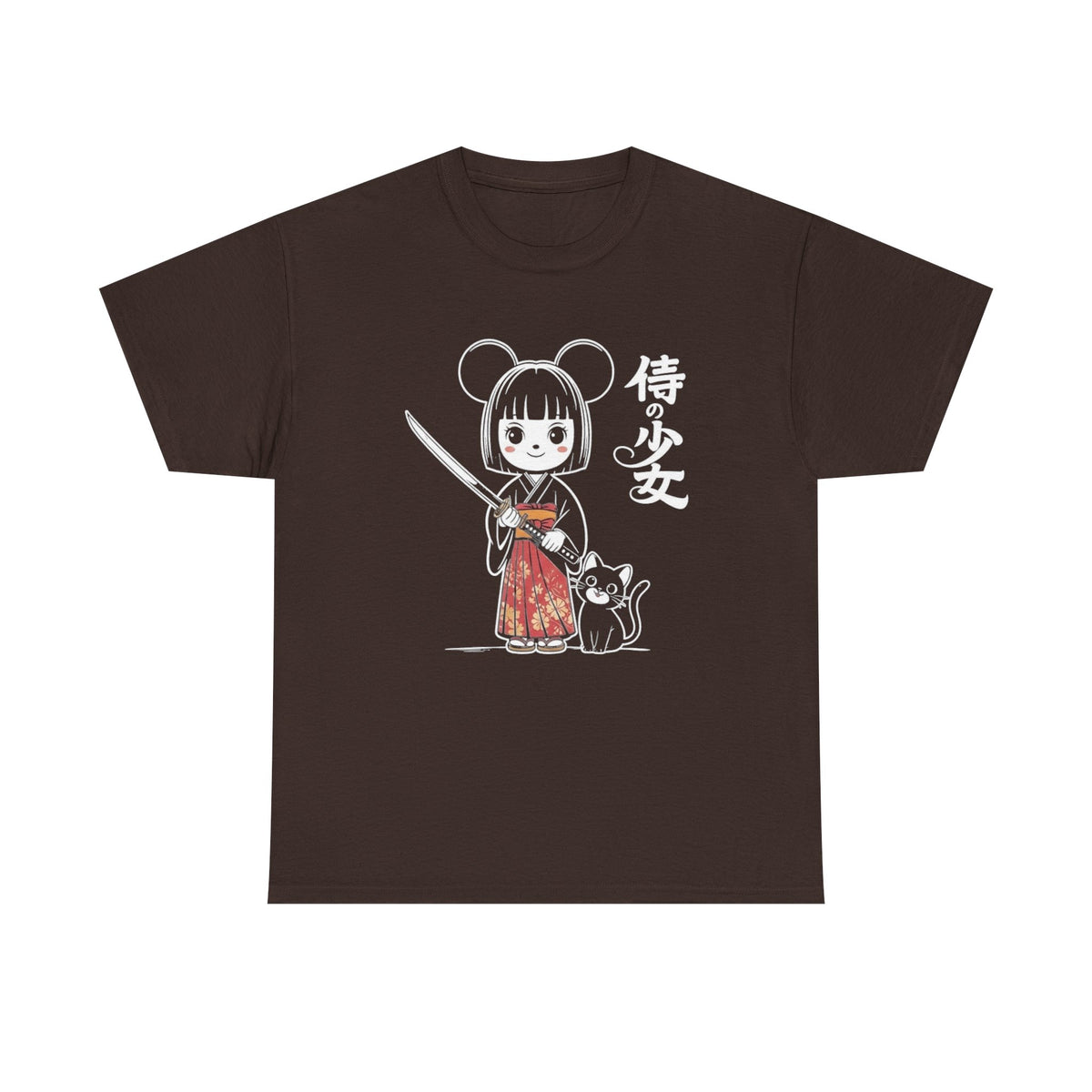 Japanese Style Shirt, Cute Anime Girl Kimono Outfit Tee with Katana Sword, Kawaii Black Cat Manga Art, Japan Culture Aesthetic Graphic Tee