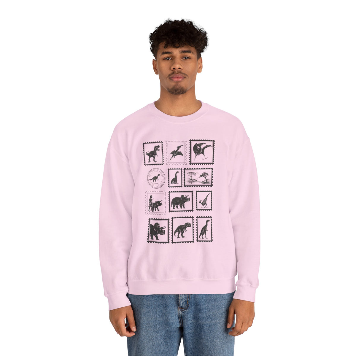 Dinosaur Vintage Stamps Sweatshirt, Vintage Scientific Jurassic Prehistoric Unisex Crewneck Jumper, Gift for Paleontologist, Retro Stamps