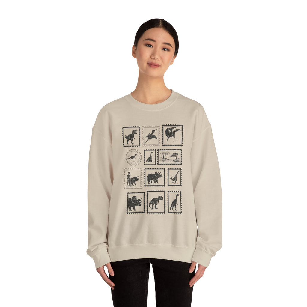 Dinosaur Vintage Stamps Sweatshirt, Vintage Scientific Jurassic Prehistoric Unisex Crewneck Jumper, Gift for Paleontologist, Retro Stamps