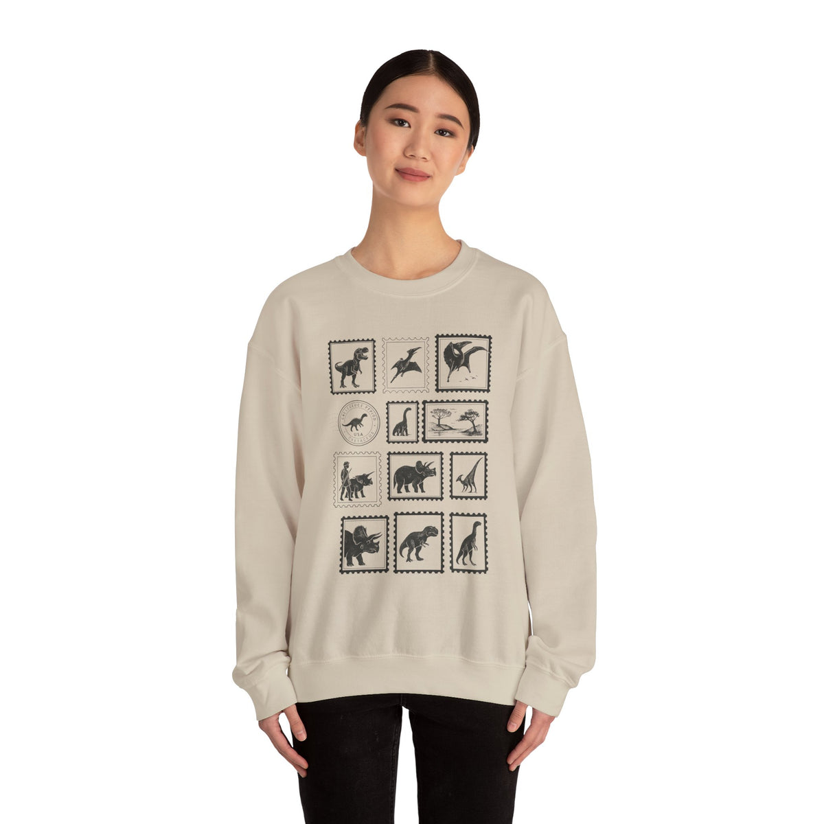Dinosaur Vintage Stamps Sweatshirt, Vintage Scientific Jurassic Prehistoric Unisex Crewneck Jumper, Gift for Paleontologist, Retro Stamps