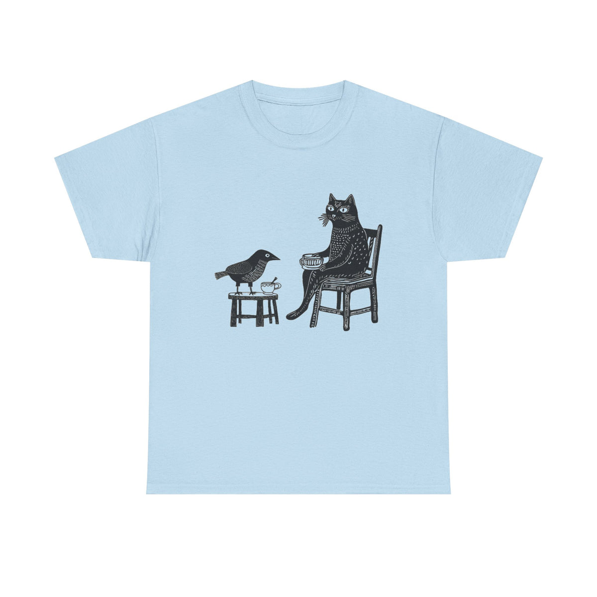Coffee and Tea with Friends graphic Unisex T-Shirt, Unique gift for Her, for him, Funny hipster, animal drawing, weird, unique, Cat Bird