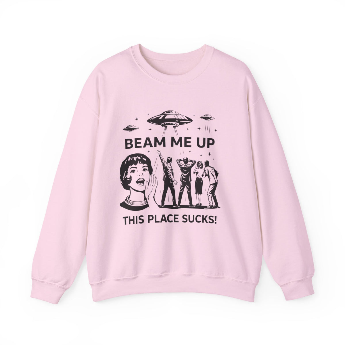 Beam Me Up This Place Sucks Retro Alien UFO Shirt Design | Funny Sci-Fi Quote