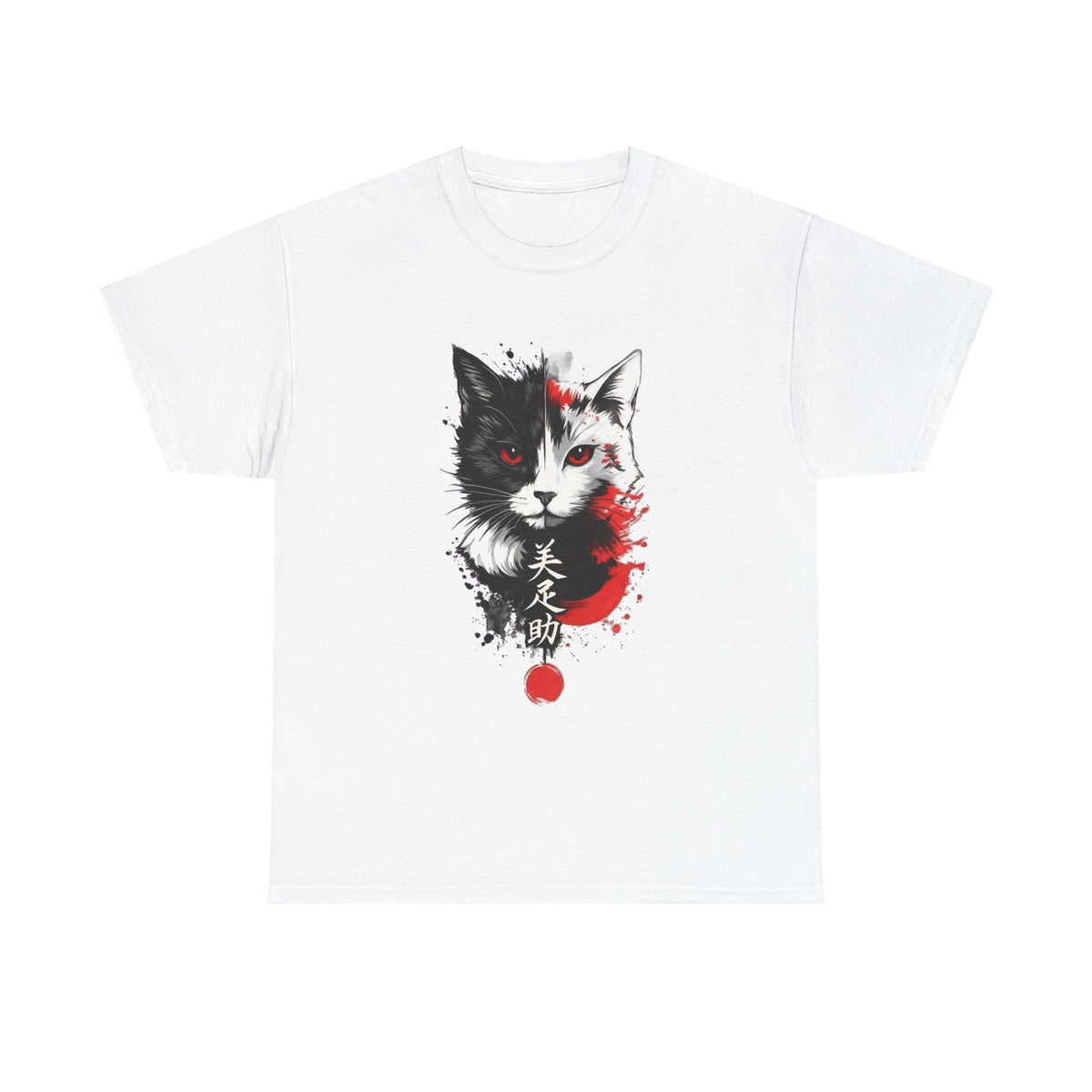 Japanese Cat Art T-Shirt, Japanese Anime Style Red Eye Kitty Tee, Unisex Casual Top, Asian Ink Painting Cat Graphic Shirt, Red Eyes Cat Tee