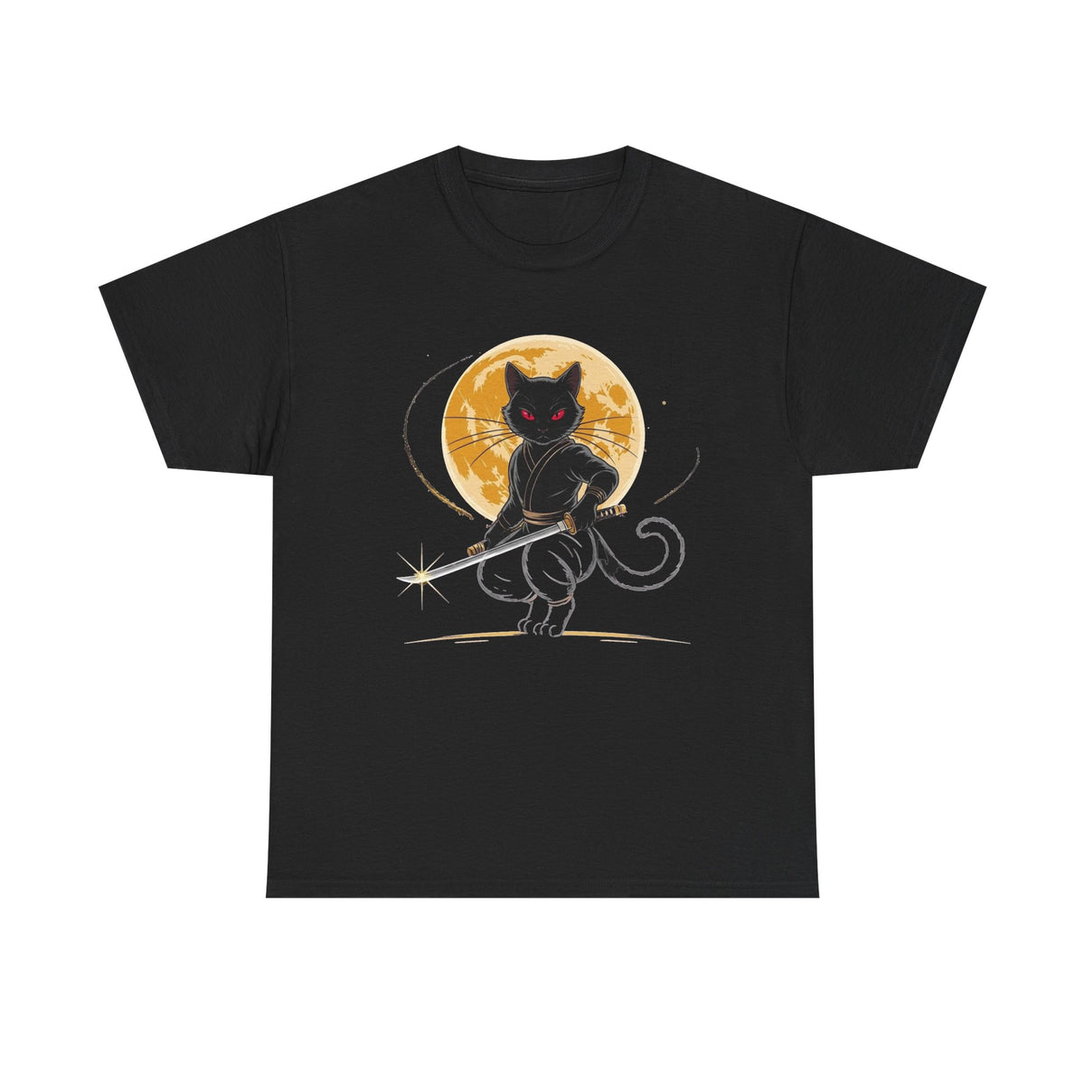 Ninja Cat Shirt, Samurai Warrior Cat Tee, Full Moon Katana Black Cat Graphic Tee, Mystical Japanese Aesthetic Anime Style Cat Lover Gift