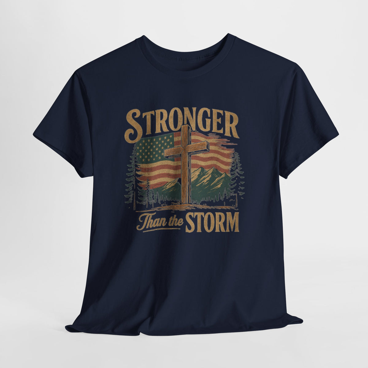 Christian Mens Shirt PNG Stronger than the Storm Patriotic Sublimation Designs for Men Christian PNG Designs Trendy Png American Flag Tshirt
