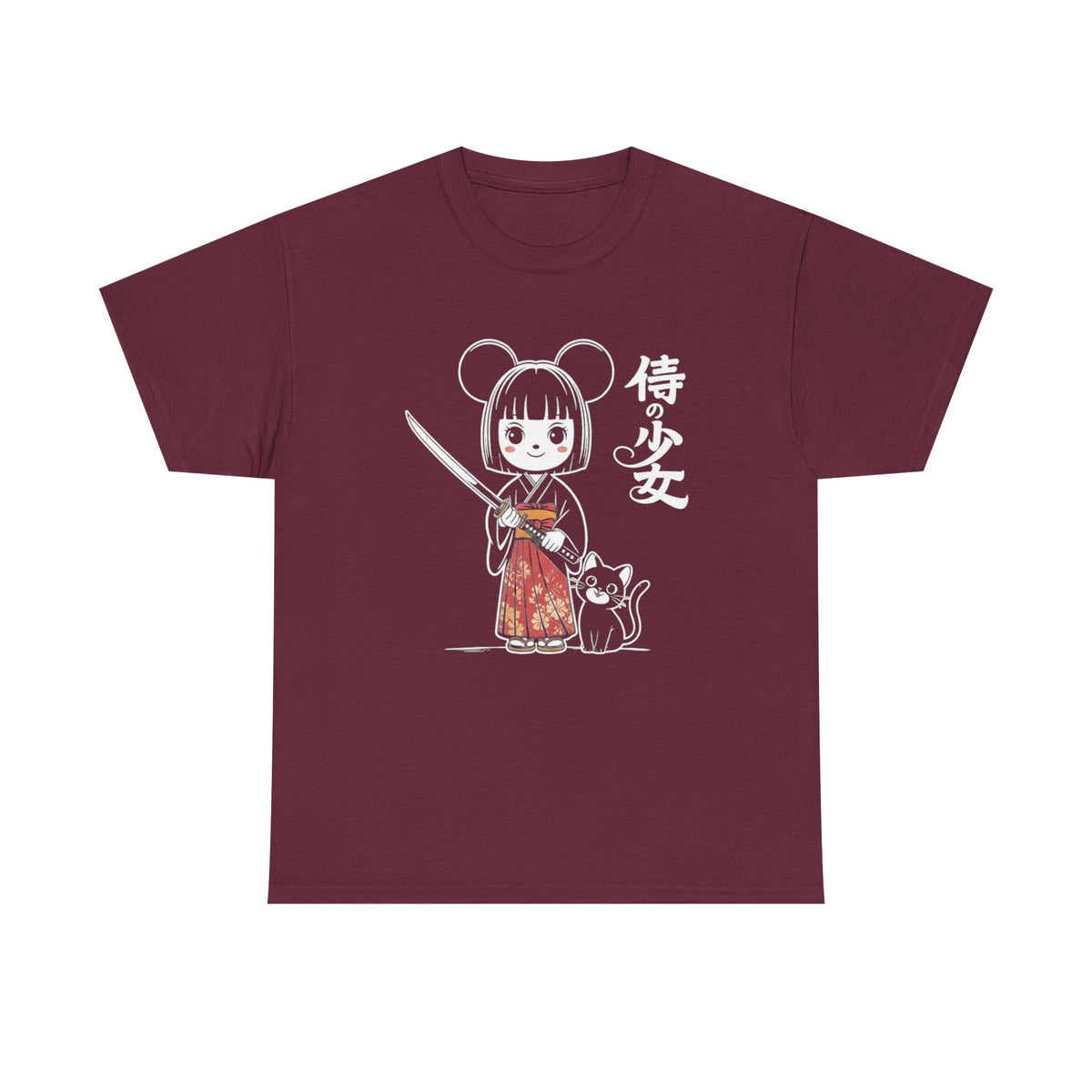 Japanese Style Shirt, Cute Anime Girl Kimono Outfit Tee with Katana Sword, Kawaii Black Cat Manga Art, Japan Culture Aesthetic Graphic Tee