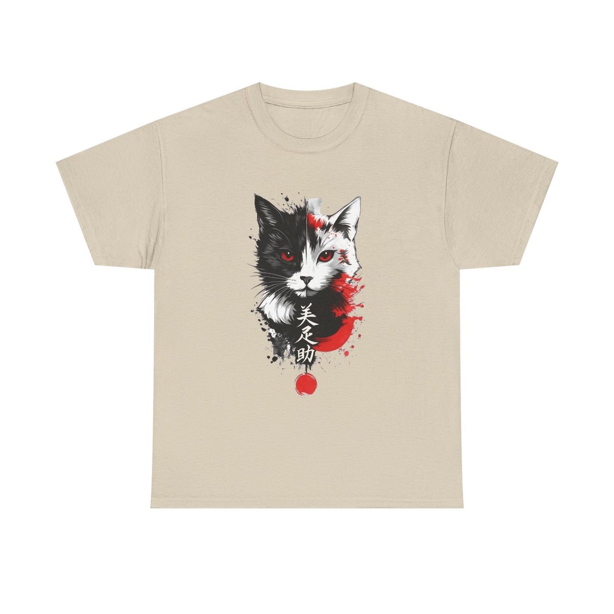 Japanese Cat Art T-Shirt, Japanese Anime Style Red Eye Kitty Tee, Unisex Casual Top, Asian Ink Painting Cat Graphic Shirt, Red Eyes Cat Tee