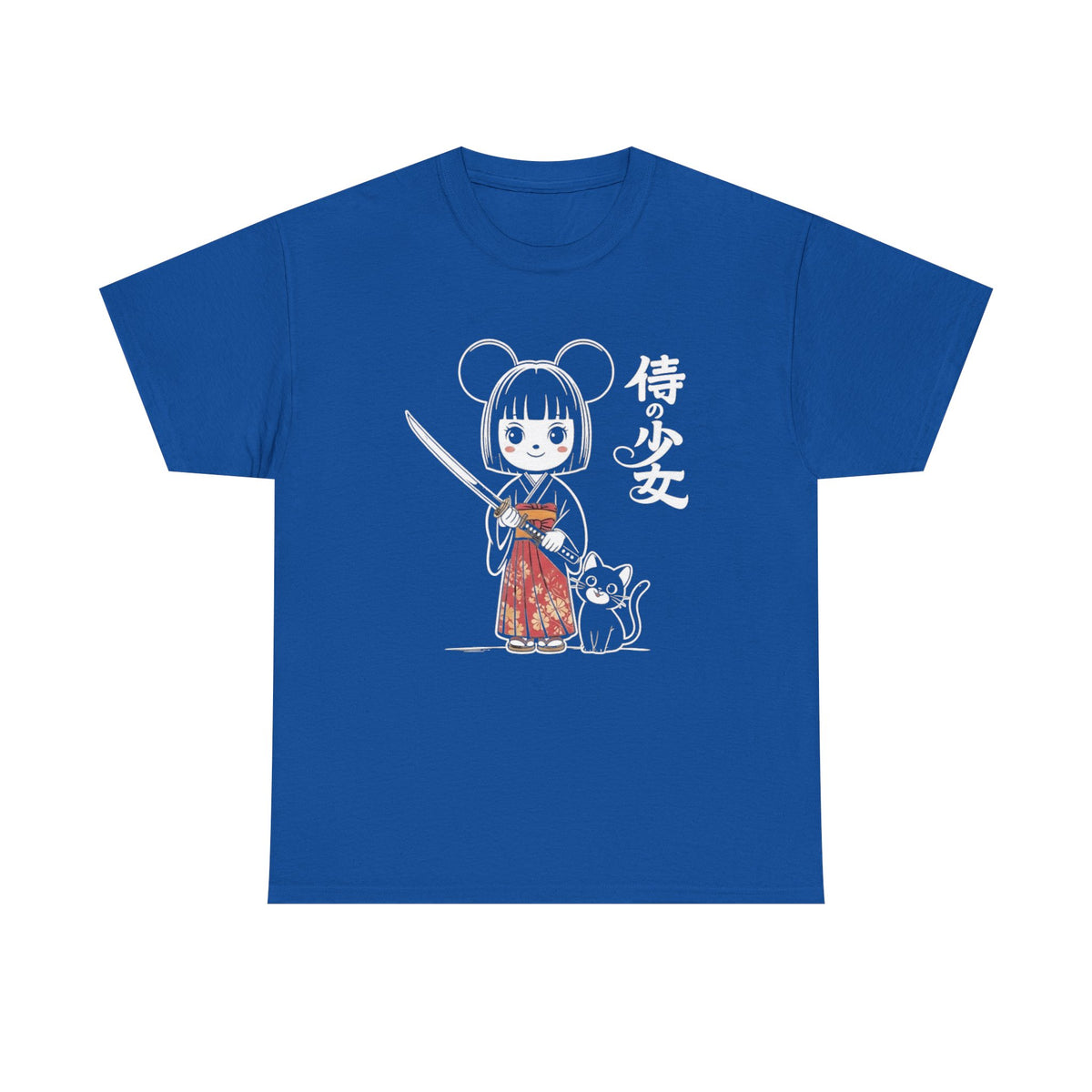 Japanese Style Shirt, Cute Anime Girl Kimono Outfit Tee with Katana Sword, Kawaii Black Cat Manga Art, Japan Culture Aesthetic Graphic Tee