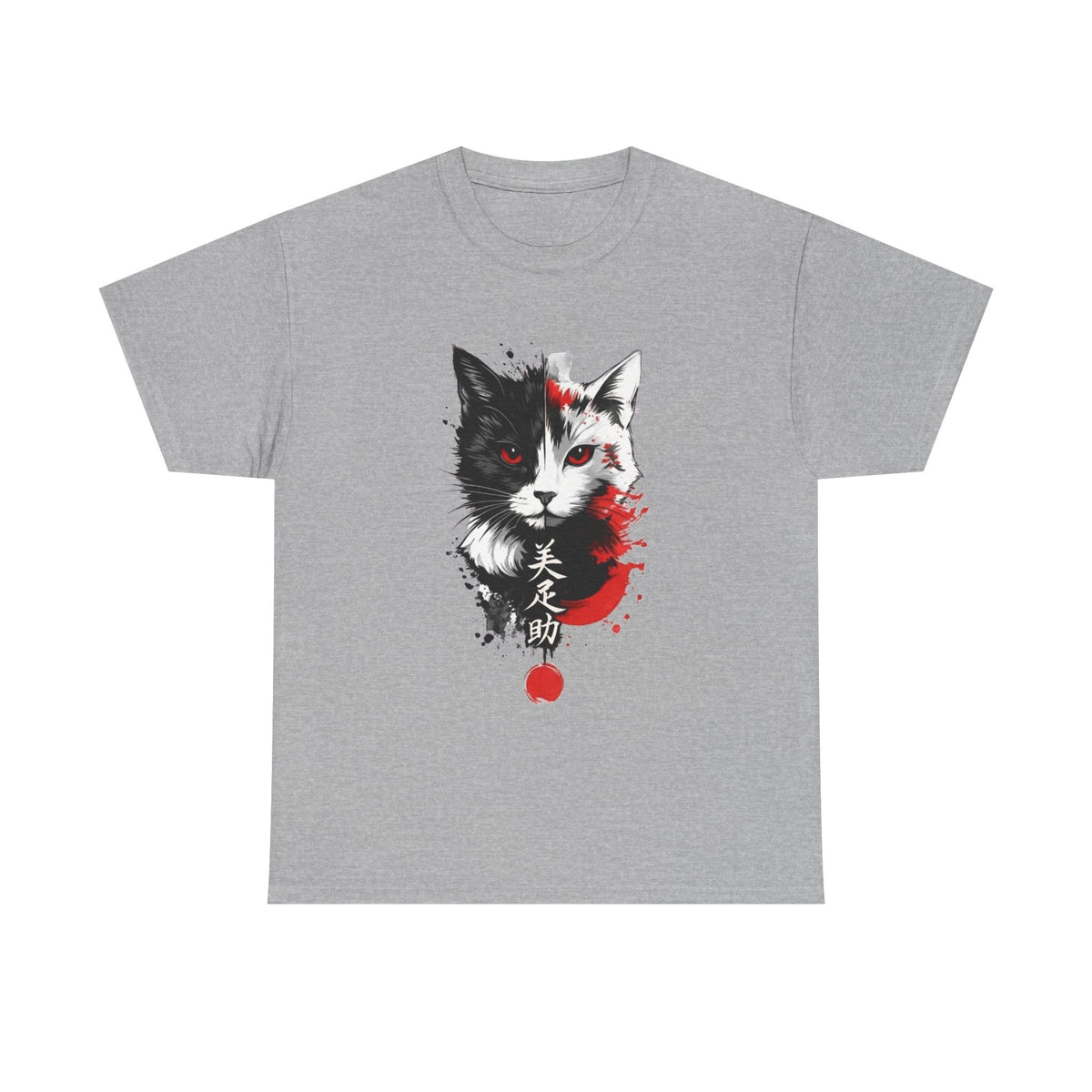 Japanese Cat Art T-Shirt, Japanese Anime Style Red Eye Kitty Tee, Unisex Casual Top, Asian Ink Painting Cat Graphic Shirt, Red Eyes Cat Tee