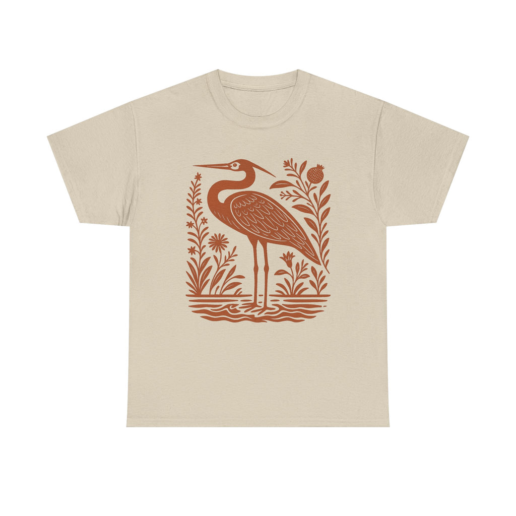 Heron Shirt Linocut Shirt Great Blue Heron Bird Lover Shirt Hippy Clothes Granola Girl Antique Folk Art Avian Aviary Gift Block Print Shirt