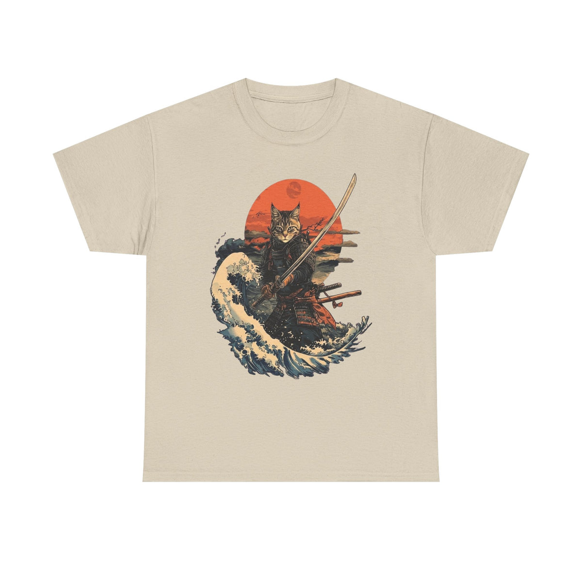 Samurai Cat T-Shirt, Warrior Cat Sweatshirt, Rising Sun Style Tee, Unique Japanese-Inspired T-Shirts, Retro Cat Shirt
