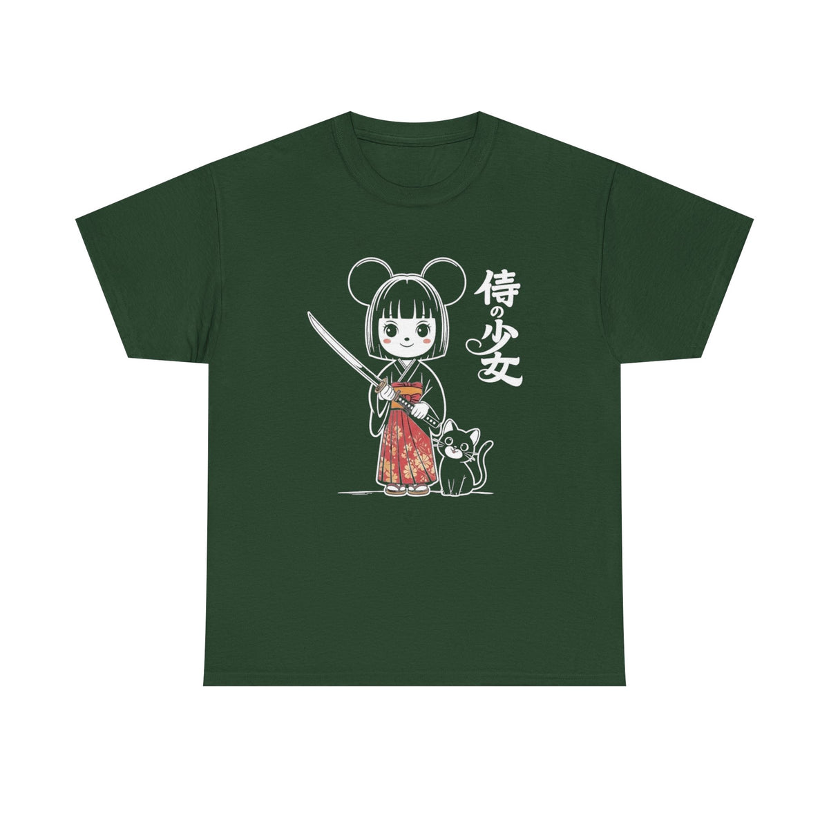 Japanese Style Shirt, Cute Anime Girl Kimono Outfit Tee with Katana Sword, Kawaii Black Cat Manga Art, Japan Culture Aesthetic Graphic Tee