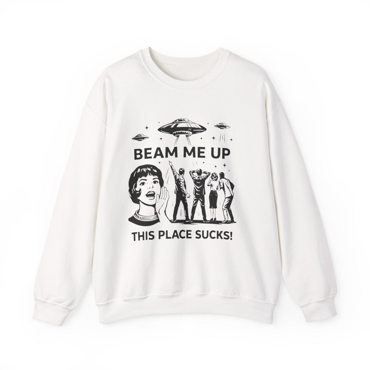 Beam Me Up This Place Sucks Retro Alien UFO Shirt Design | Funny Sci-Fi Quote