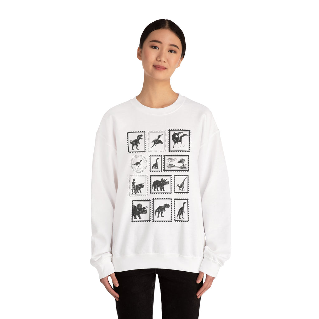 Dinosaur Vintage Stamps Sweatshirt, Vintage Scientific Jurassic Prehistoric Unisex Crewneck Jumper, Gift for Paleontologist, Retro Stamps