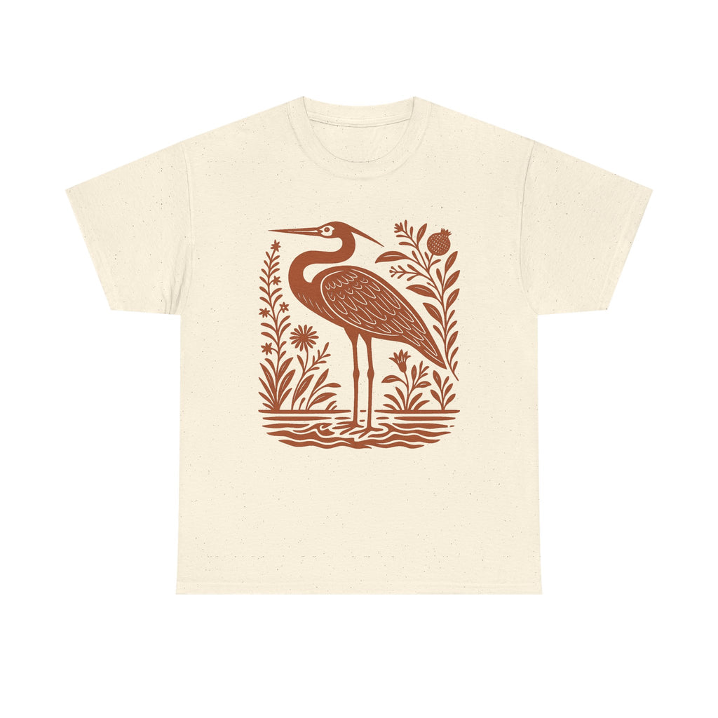 Heron Shirt Linocut Shirt Great Blue Heron Bird Lover Shirt Hippy Clothes Granola Girl Antique Folk Art Avian Aviary Gift Block Print Shirt