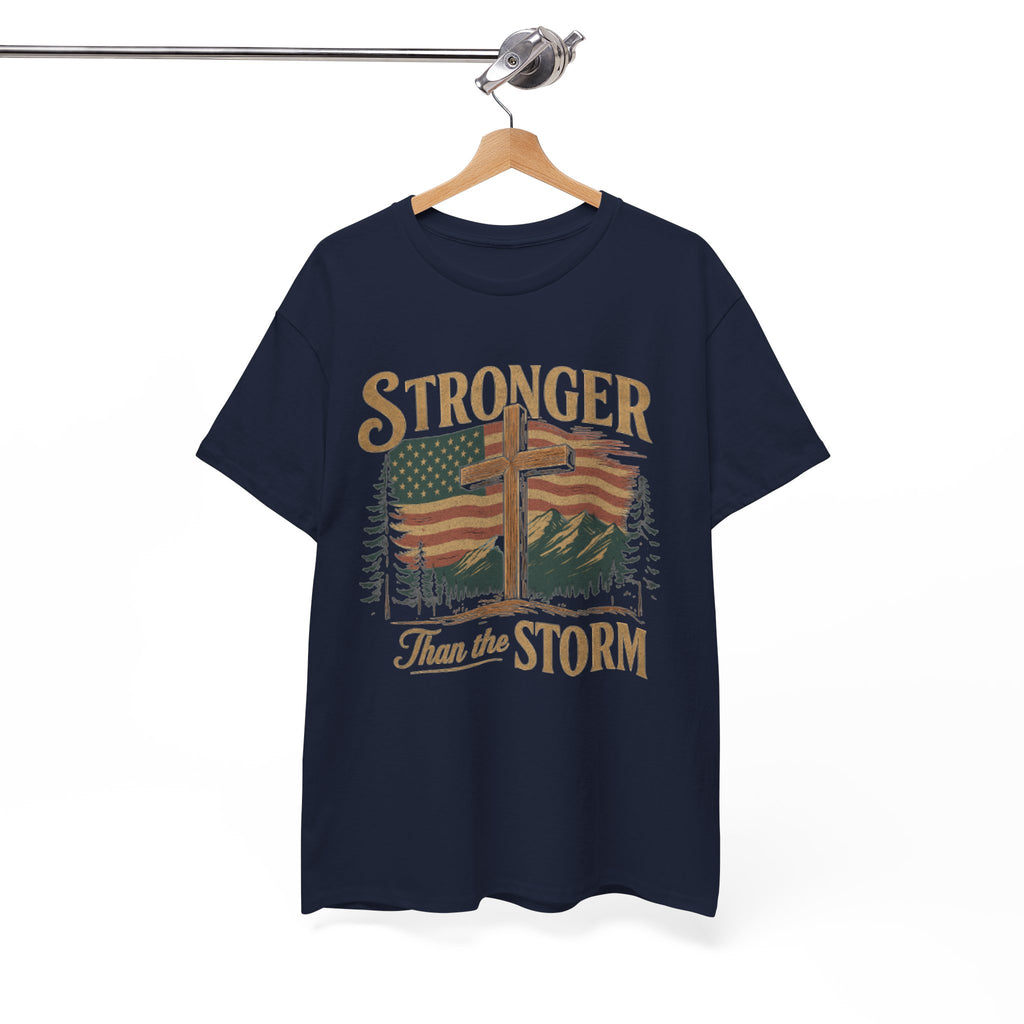 Christian Mens Shirt PNG Stronger than the Storm Patriotic Sublimation Designs for Men Christian PNG Designs Trendy Png American Flag Tshirt