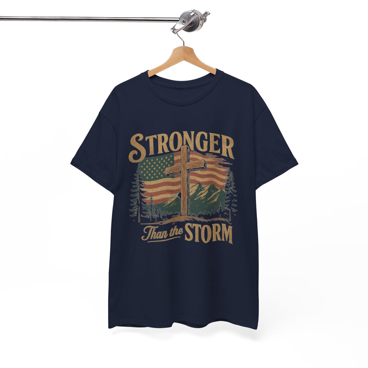 Christian Mens Shirt PNG Stronger than the Storm Patriotic Sublimation Designs for Men Christian PNG Designs Trendy Png American Flag Tshirt