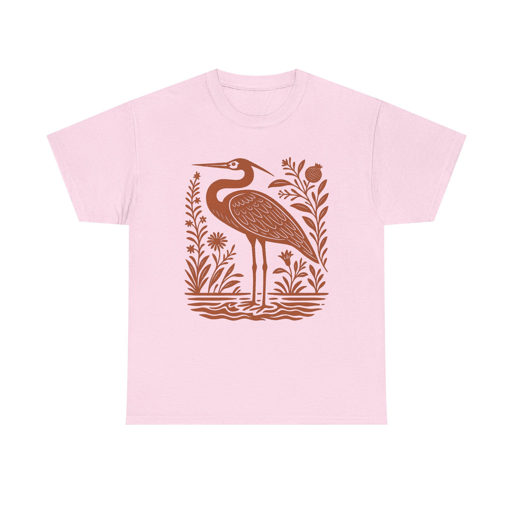 Heron Shirt Linocut Shirt Great Blue Heron Bird Lover Shirt Hippy Clothes Granola Girl Antique Folk Art Avian Aviary Gift Block Print Shirt
