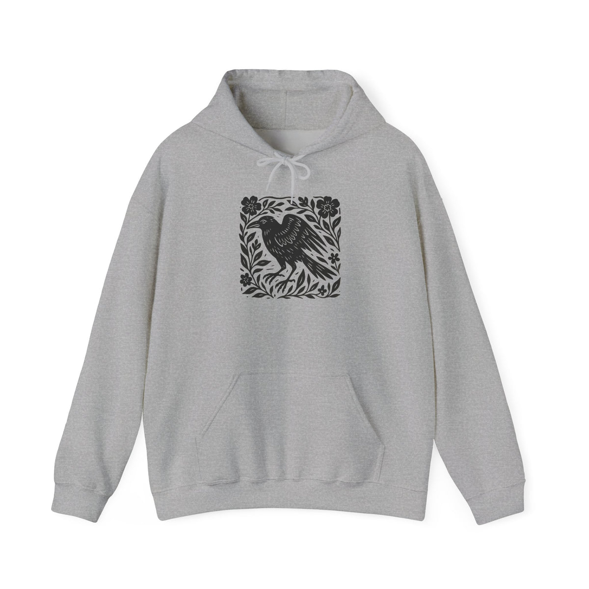 Gothic Raven Back Print Hoodie: Dark Academia Linocut Style, Witchy Crow Sweatshirt