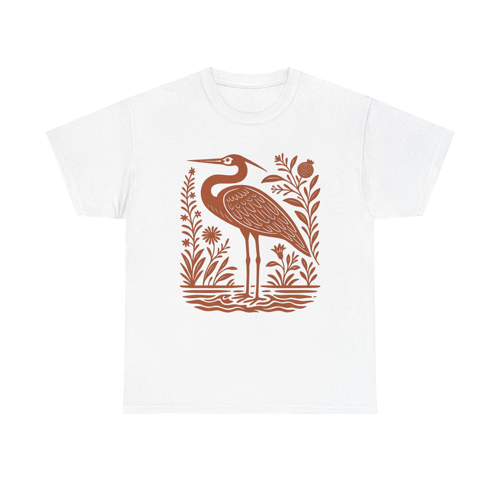 Heron Shirt Linocut Shirt Great Blue Heron Bird Lover Shirt Hippy Clothes Granola Girl Antique Folk Art Avian Aviary Gift Block Print Shirt