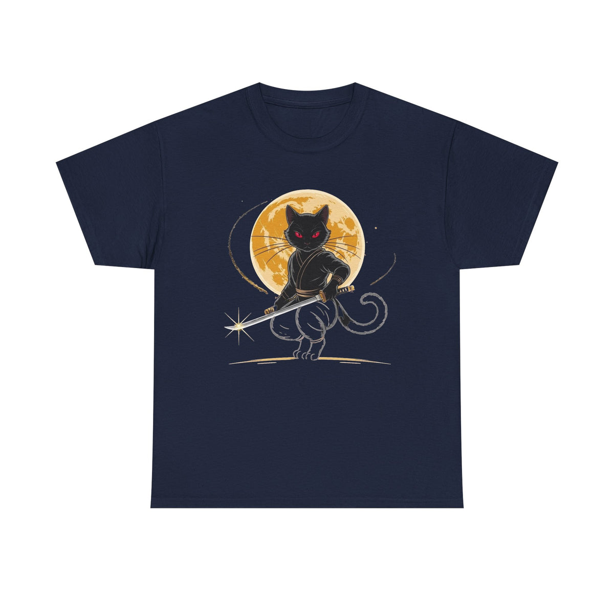 Ninja Cat Shirt, Samurai Warrior Cat Tee, Full Moon Katana Black Cat Graphic Tee, Mystical Japanese Aesthetic Anime Style Cat Lover Gift