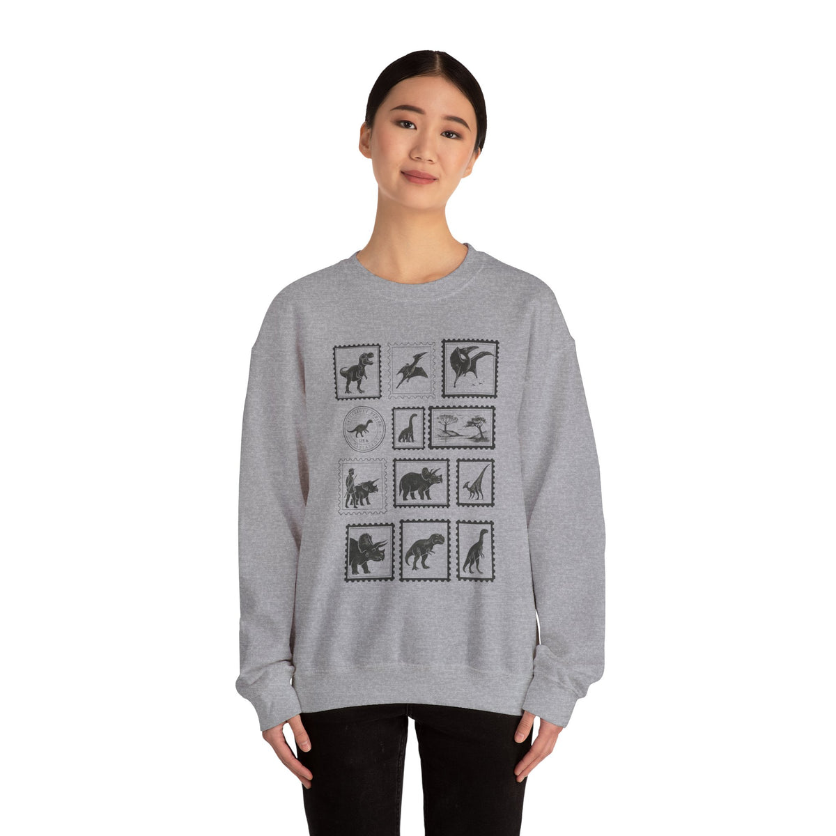 Dinosaur Vintage Stamps Sweatshirt, Vintage Scientific Jurassic Prehistoric Unisex Crewneck Jumper, Gift for Paleontologist, Retro Stamps