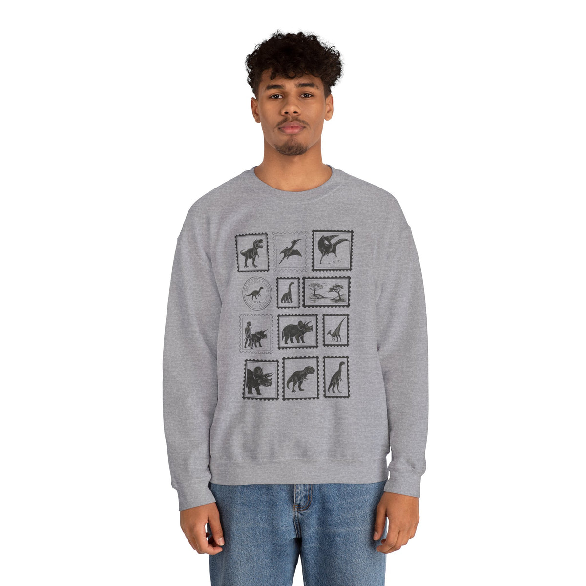 Dinosaur Vintage Stamps Sweatshirt, Vintage Scientific Jurassic Prehistoric Unisex Crewneck Jumper, Gift for Paleontologist, Retro Stamps