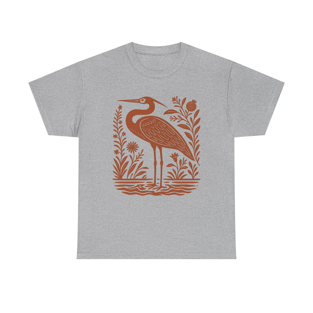 Heron Shirt Linocut Shirt Great Blue Heron Bird Lover Shirt Hippy Clothes Granola Girl Antique Folk Art Avian Aviary Gift Block Print Shirt