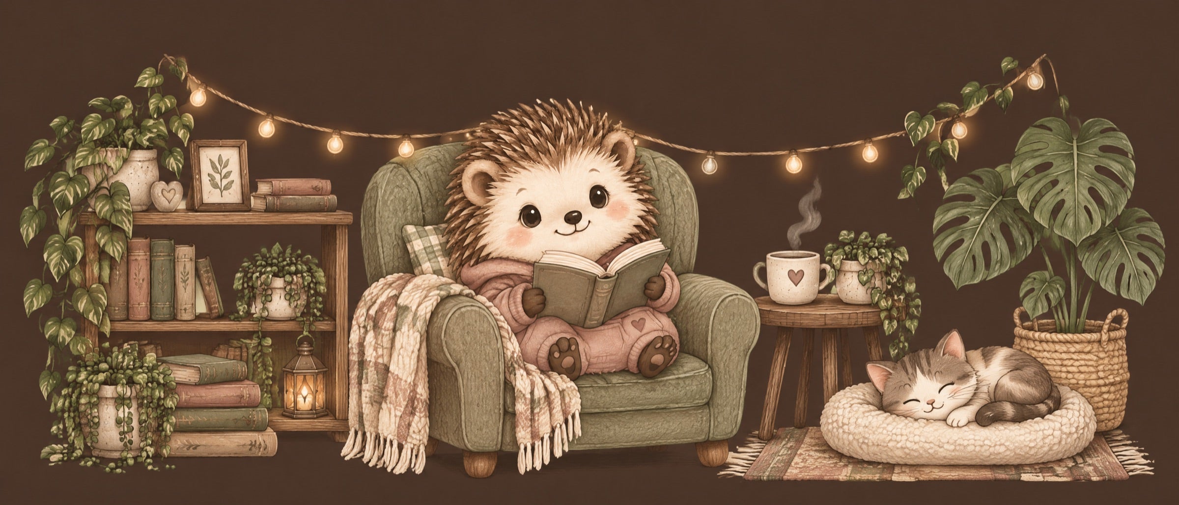 Kin the hedgehog reading a book in a cozy coffee shop